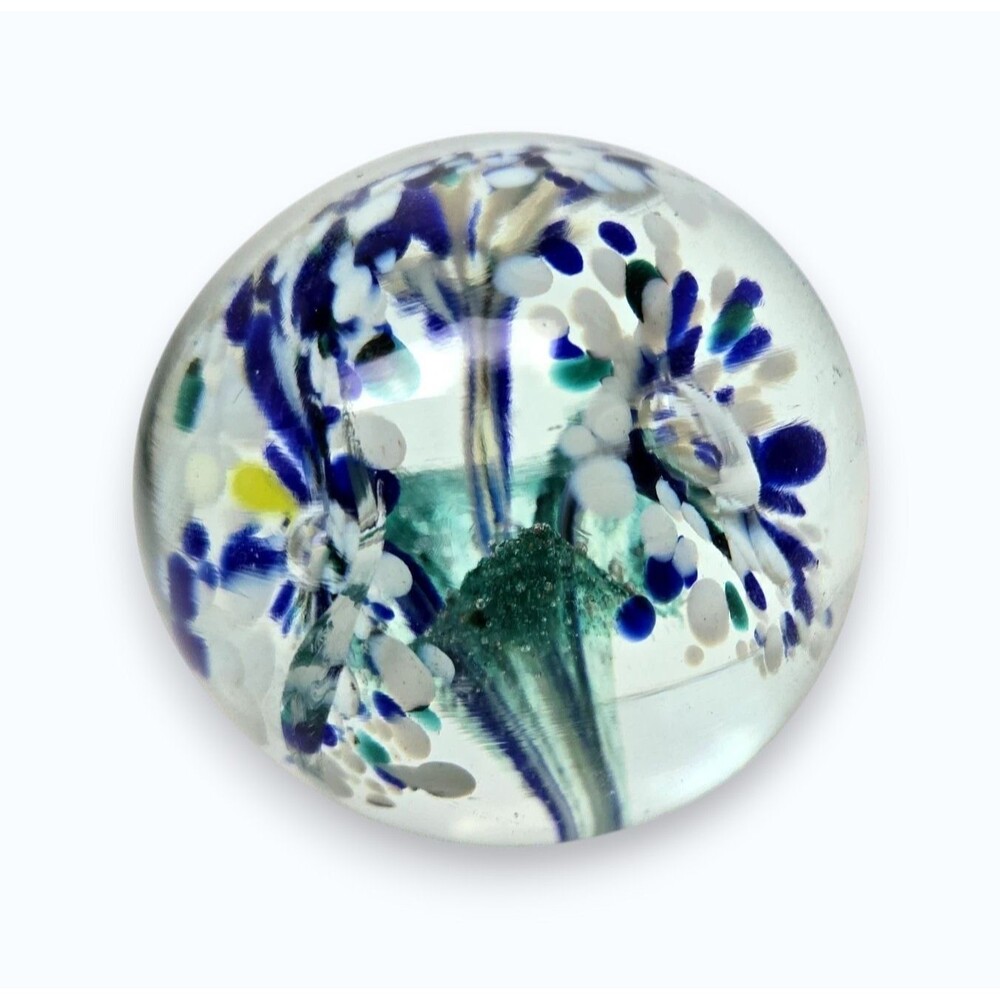 Vintage Blown Glass Paperweight Blue White Trumpet Flowers 3” Polished Pontil